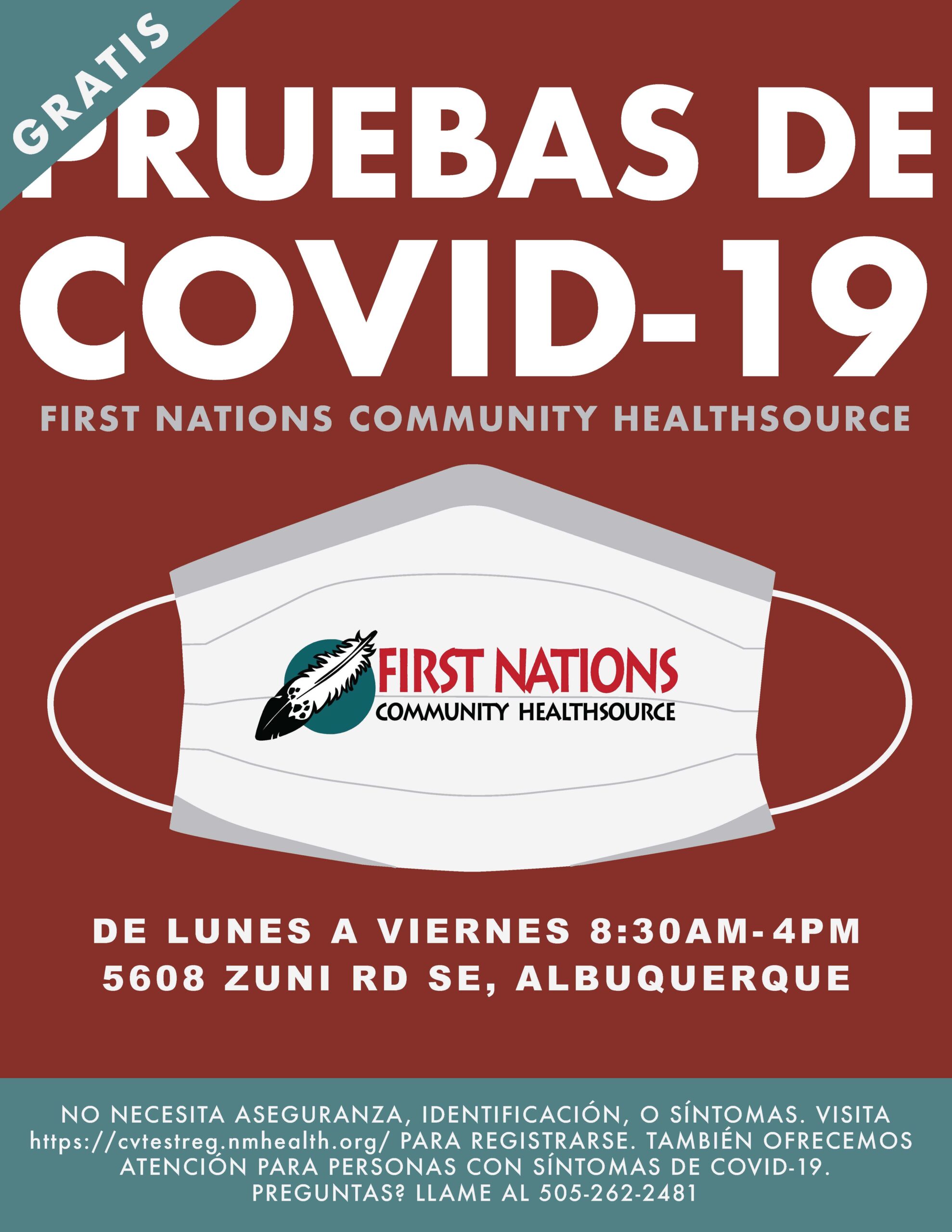 Gratis Pruebas de COVID-19 First Nations Community HealthSource Cada Martes y Jueves de 5-6pm